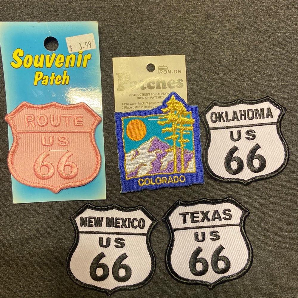 5 Iron on Route 66 Souvenir patches. Oklahoma, Texes, New Mexico, Colorado 2.25”